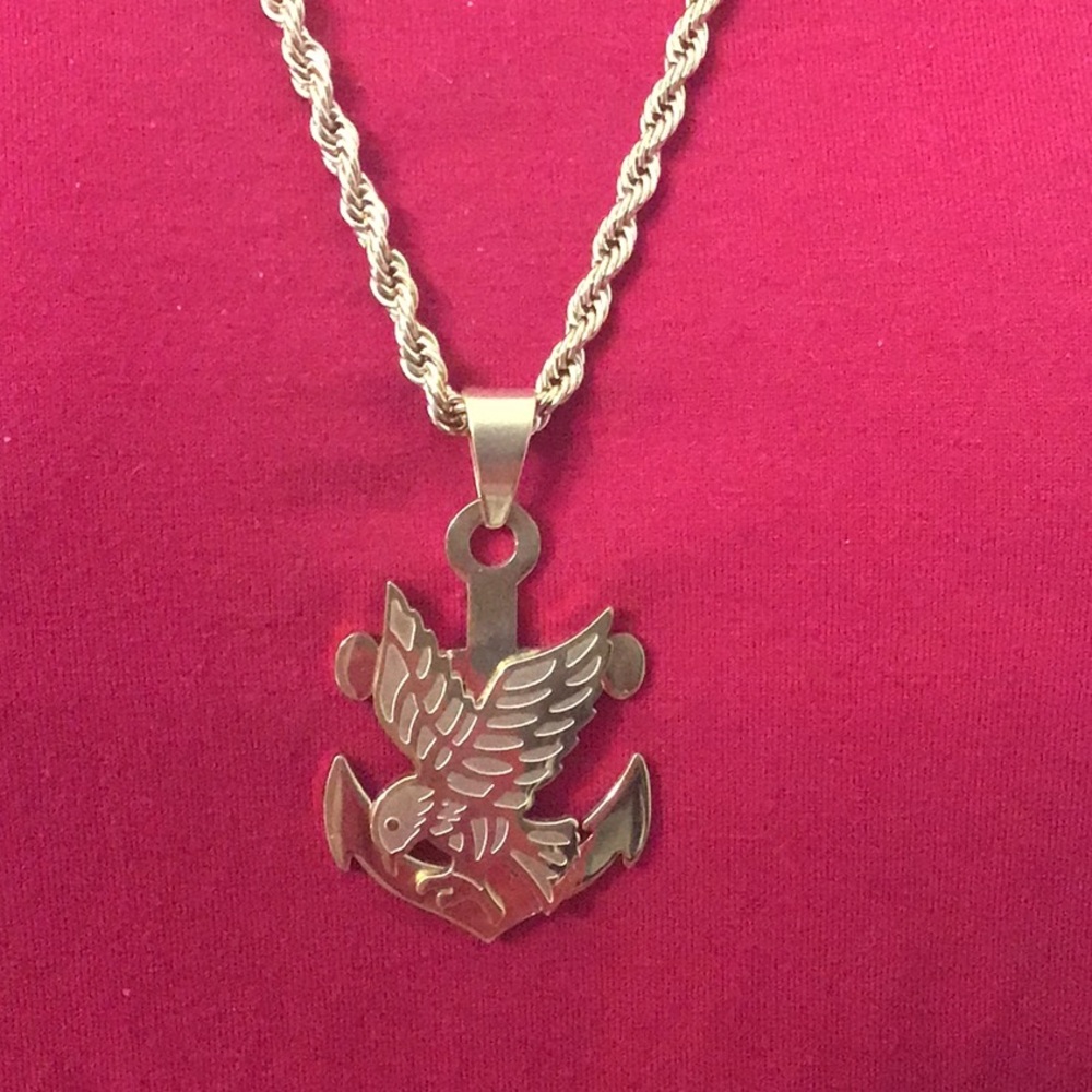 American Eagle Over Nautical Anchor On a Rope Chain Both Gold Stainless Steel.